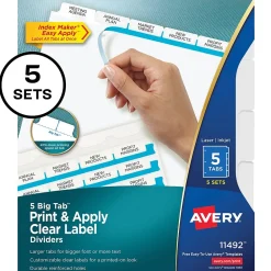 Dividers|Avery Index Maker Big Tab Paper Dividers with Print & Apply Label Sheets, 5 Tabs, White, 5 Sets/Pack (11492)