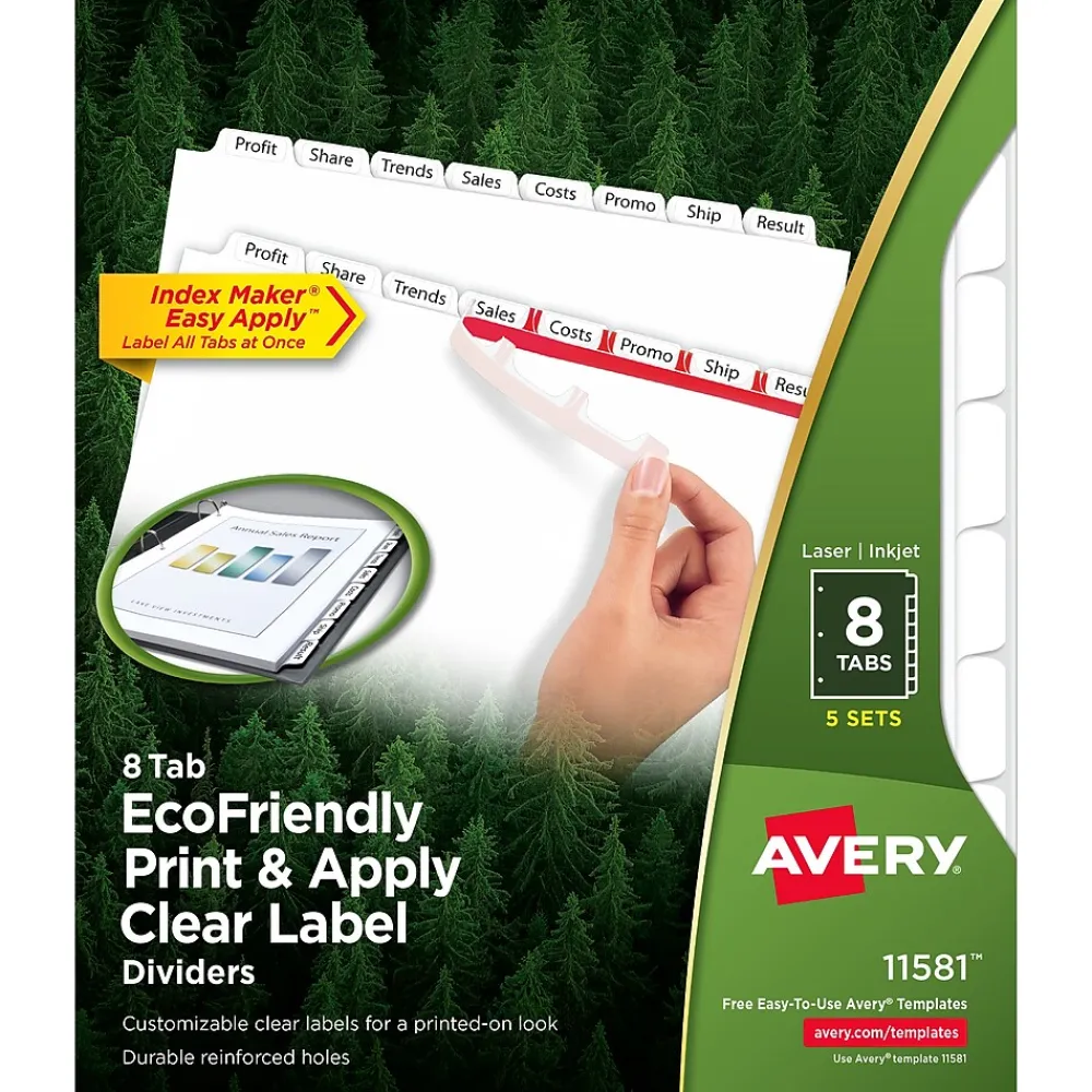 Dividers|Avery Index Maker EcoFriendly Paper Dividers with Print & Apply Label Sheets, 8 Tab, White, 5 Sets/Pack (11581)