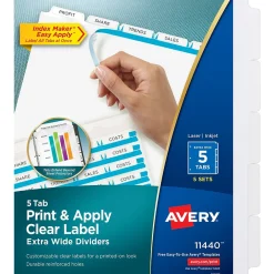 Dividers|Avery Index Maker Extra-Wide Paper Dividers with Print & Apply Label Sheets, 5 Tabs, White, 5 Sets/Pack (AVE11440)