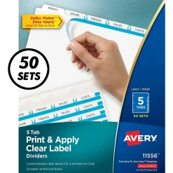 Dividers|Avery Index Maker Paper Dividers with Print & Apply Label Sheets, 5 Tabs, White, 50 Sets/Pack (11556)