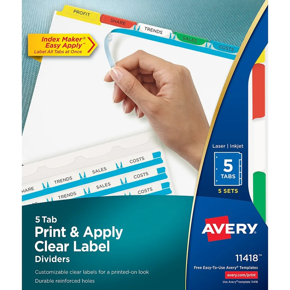 Dividers|Avery Index Maker Paper Dividers with Print & Apply Label Sheets, 5 Tabs, Multicolor, 5 Sets/Pack (11418)