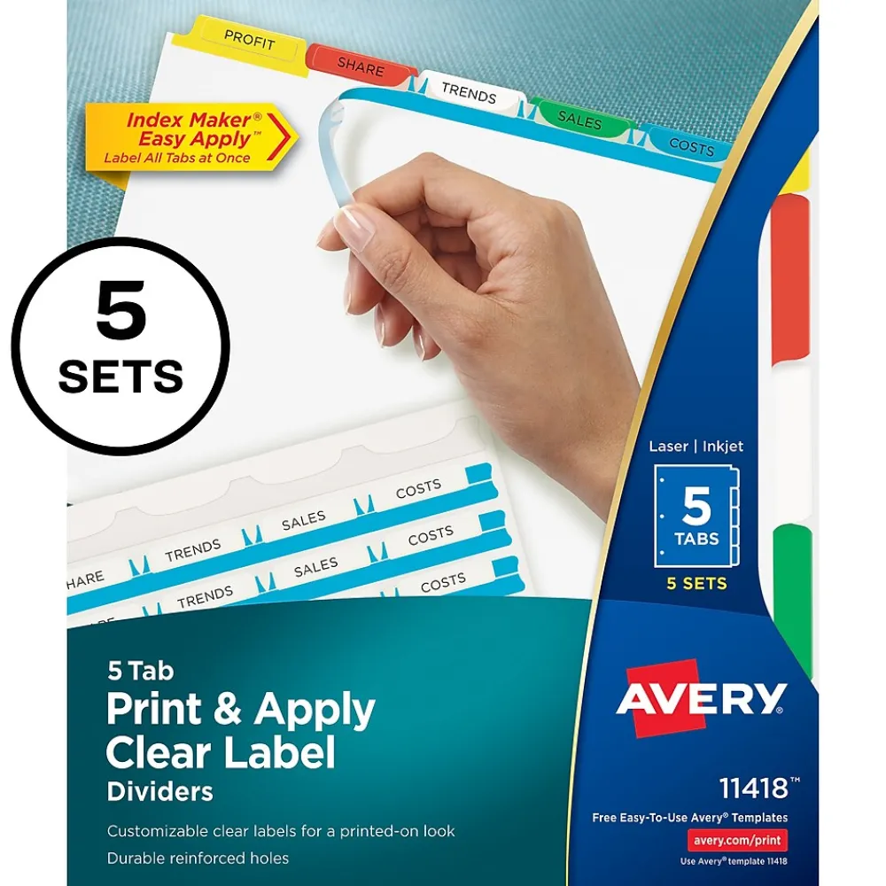 Dividers|Avery Index Maker Paper Dividers with Print & Apply Label Sheets, 5 Tabs, Multicolor, 5 Sets/Pack (11418)