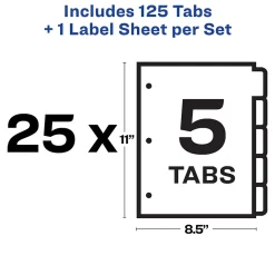 Dividers|Avery Index Maker Paper Dividers with Print & Apply Label Sheets, 5 Tabs, Multicolor, 25 Sets/Pack (11423)