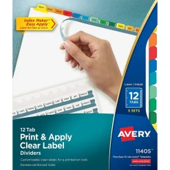 Dividers|Avery Index Maker Paper Dividers with Print & Apply Label Sheets, 12 Tabs, Multicolor, 5 Sets/Pack (11405)