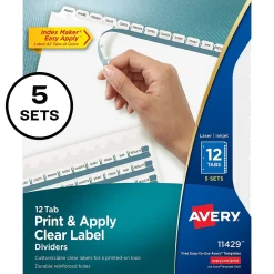 Dividers|Avery Index Maker Paper Dividers with Print & Apply Label Sheets, 12 Tabs, White, 5 Sets/Pack (11429)