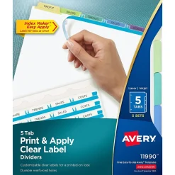 Dividers|Avery Index Maker Paper Dividers with Print & Apply Label Sheets, 5 Tabs, Pastel, 5 Sets/Pack (11990)