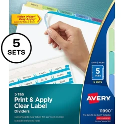 Dividers|Avery Index Maker Paper Dividers with Print & Apply Label Sheets, 5 Tabs, Pastel, 5 Sets/Pack (11990)