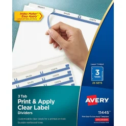 Dividers|Avery Index Maker Paper Dividers with Print & Apply Label Sheets, 3 Tabs, White, 25 Sets/Pack (11445)