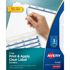 Dividers|Avery Index Maker Paper Dividers with Print & Apply Label Sheets, 3 Tabs, White, 5 Sets/Pack (11435)