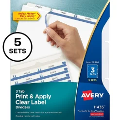 Dividers|Avery Index Maker Paper Dividers with Print & Apply Label Sheets, 3 Tabs, White, 5 Sets/Pack (11435)