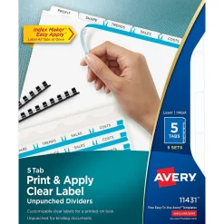 Dividers|Avery Index Maker Paper Dividers with Print & Apply Label Sheets, 5 Tabs, White, 5 Sets/Pack (11431)