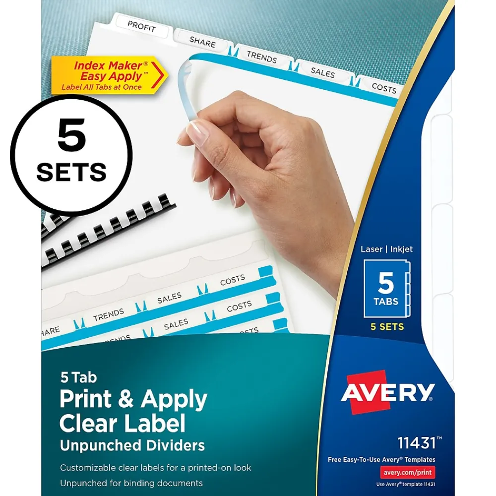 Dividers|Avery Index Maker Paper Dividers with Print & Apply Label Sheets, 5 Tabs, White, 5 Sets/Pack (11431)