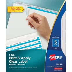 Dividers|Avery Index Maker Plastic Dividers with Print & Apply Label Sheets, 5 Tabs, Frosted White (11449)