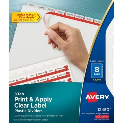 Dividers|Avery Index Maker Plastic Dividers with Print & Apply Label Sheets, 5 Tabs, Frosted White, 5 Sets/Pack (12450)