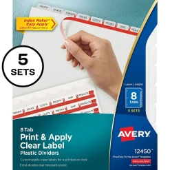 Dividers|Avery Index Maker Plastic Dividers with Print & Apply Label Sheets, 5 Tabs, Frosted White, 5 Sets/Pack (12450)
