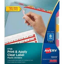 Dividers|Avery Index Maker Plastic Dividers with Print & Apply Label Sheets, 8 Tabs, Multicolor, 5 Sets/Pack (AVE12433)