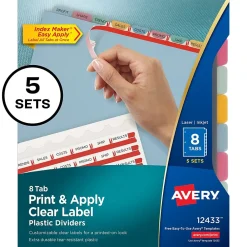 Dividers|Avery Index Maker Plastic Dividers with Print & Apply Label Sheets, 8 Tabs, Multicolor, 5 Sets/Pack (AVE12433)