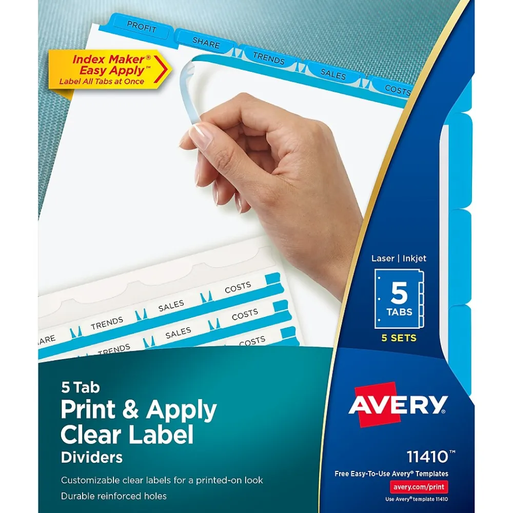 Dividers|Avery Index Maker Print & Apply Label Paper Dividers, 5-Tab, Blue, 5 Sets/Pack (11410)