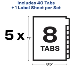 Dividers|Avery Index Maker Unpunched Paper Dividers with Print & Apply Label Sheets, 8 Tabs, White, 5 Sets/Pack (11432)