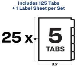 Dividers|Avery Index Maker Unpunched Paper Dividers with Print & Apply Label Sheets, 5 Tabs, White, 25 Sets/Pack (11443)