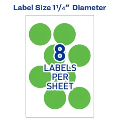 Labels|Avery Laser Color Coding Labels, 1 1/4" Dia., Neon Green, 8/Sheet, 50 Sheets/Pack (5498)