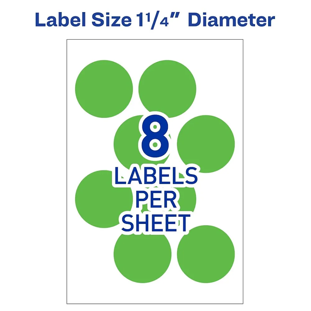 Labels|Avery Laser Color Coding Labels, 1 1/4" Dia., Neon Green, 8/Sheet, 50 Sheets/Pack (5498)