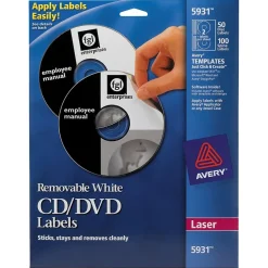 Labels|Avery Laser Media Labels, White Matte, 50 Disc and 100 Spine Labels/Pack (5931)