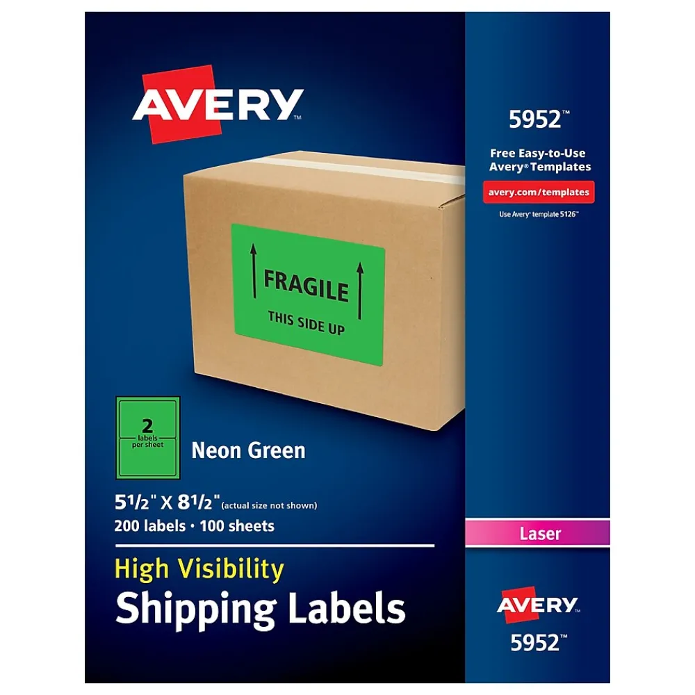 New Avery Laser Shipping Labels, 5-1/2" x 8-1/2", Neon Green, 200 Labels/Box (5952)