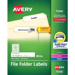 Labels|Avery Laser/Inkjet File Folder Labels, 2/3" x 3 7/16", White, 30/Sheet, 60 Sheets/Pack (75366)