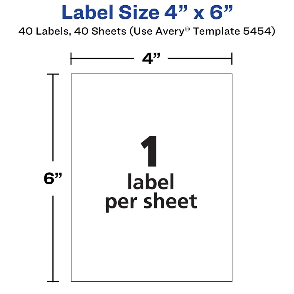 Labels|Avery Laser/Inkjet Multipurpose Labels on 4" x 6" Sheets, 4" x 6" Labels, White, 40 Labels/Pack (5454)