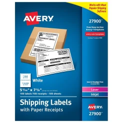 Sale Avery Laser/Inkjet Shipping Labels with Paper Receipts, 5-1/16" x 7-5/8", White, 100 Labels/Box (27900)