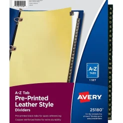 Dividers|Avery Leather Style Pre-Printed A - Z Paper Dividers, Buff with Black Tabs (25180)