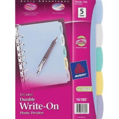 Dividers|Avery Mini Write & Erase Plastic Blank Dividers, 5-Tab, Assorted Colors, 5/Pack (16180)