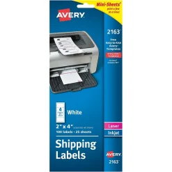 Clearance Avery Mini-Sheets Laser/Inkjet Shipping Labels, 2" x 4", White, 100 Labels/Pack (2163)