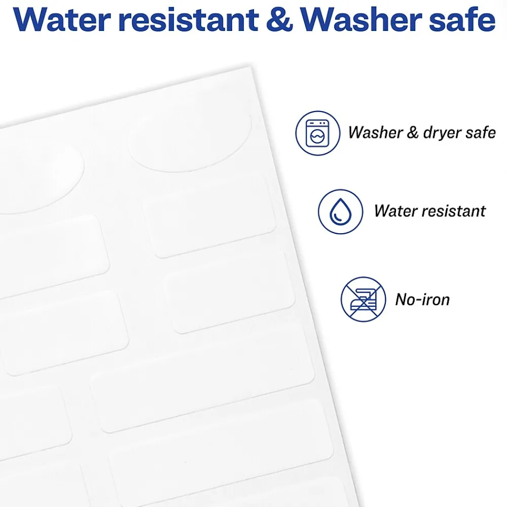 Labels|Avery No-Iron Fabric Labels on 4" x 6" Sheets, 1/2" x 1-3/4", White, Non-Printable, 54 Labels/Pack (40720)