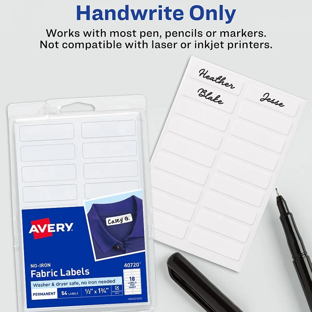 Labels|Avery No-Iron Fabric Labels on 4" x 6" Sheets, 1/2" x 1-3/4", White, Non-Printable, 54 Labels/Pack (40720)