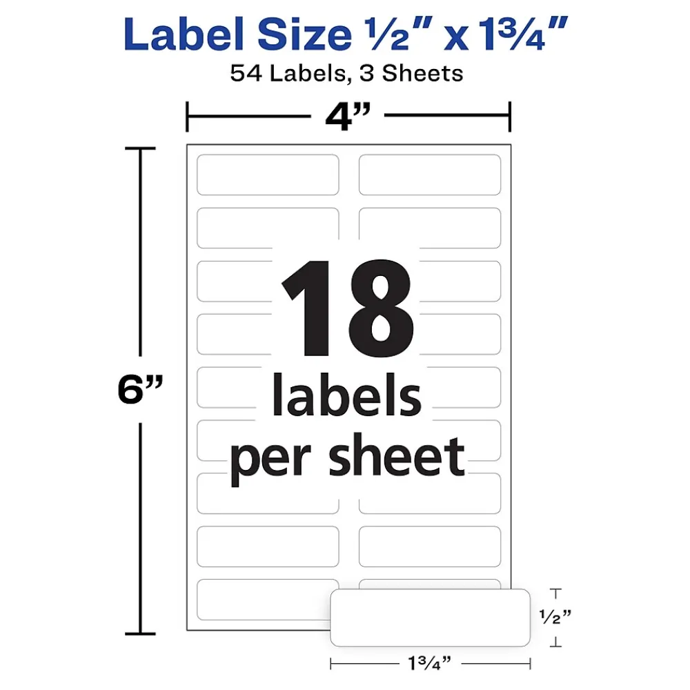 Labels|Avery No-Iron Fabric Labels on 4" x 6" Sheets, 1/2" x 1-3/4", White, Non-Printable, 54 Labels/Pack (40720)
