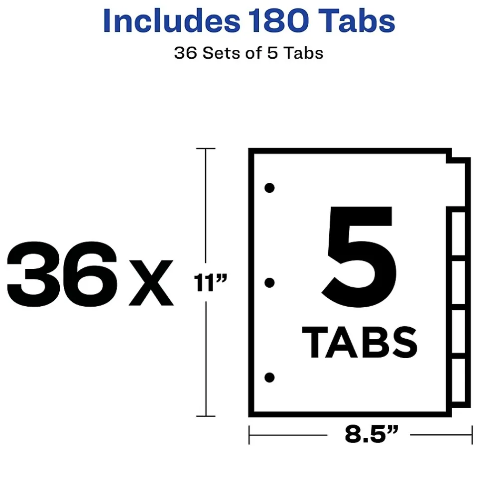 Dividers|Avery Plain Tab Write-On Paper Dividers, 5 Tabs, Multicolor, 36 Sets/Pack (11508)