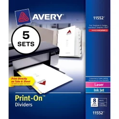 Dividers|Avery Print-On Paper Dividers, 8 Tabs, White, 5 Sets/Pack (11552)