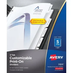 Dividers|Avery Print-On Paper Dividers, 5 Tabs, White (11511)