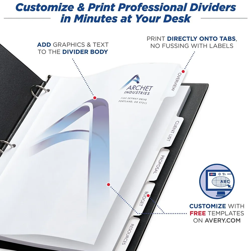 Dividers|Avery Print-On Paper Dividers, 5 Tabs, White (11511)