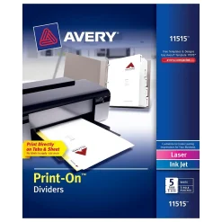 Dividers|Avery Print-On Paper Dividers, 5 Tabs, White, 5 Sets/Pack (11515)