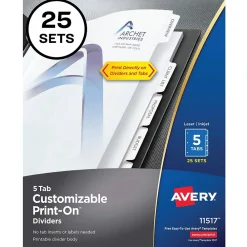 Dividers|Avery Print-On Paper Dividers, 5 Tabs, White, 25 Sets/Pack (11517)