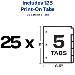 Dividers|Avery Print-On Paper Dividers, 5 Tabs, White, 25 Sets/Pack (11517)