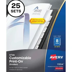 Dividers|Avery Print-On Paper Dividers, 8 Tabs, White, 25 Sets/Pack (11554)