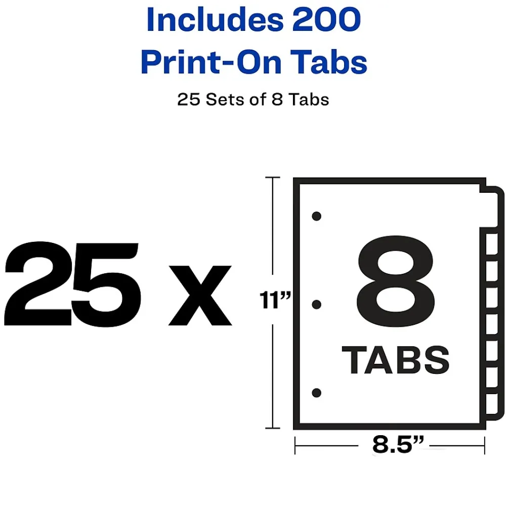 Dividers|Avery Print-On Paper Dividers, 8 Tabs, White, 25 Sets/Pack (11554)