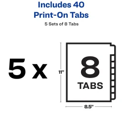 Dividers|Avery Print-On Unpunched Paper Dividers, 8 Tabs, White, 5 Sets/Pack (11553)