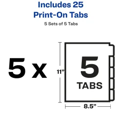 Dividers|Avery Print-On Unpunched Paper Dividers, 5 Tabs, White, 5 Sets/Pack (11516)