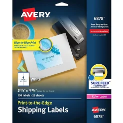 New Avery Print-to-the-Edge Color Laser Shipping Labels, 3-3/4" x 4-3/4", White, 100 Labels/Pack (6878)