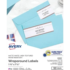 Labels|Avery Print-to-the-Edge Laser/Inkjet Wraparound Labels, 7.85" x 1.75", Textured White, 50/Pack (22838)